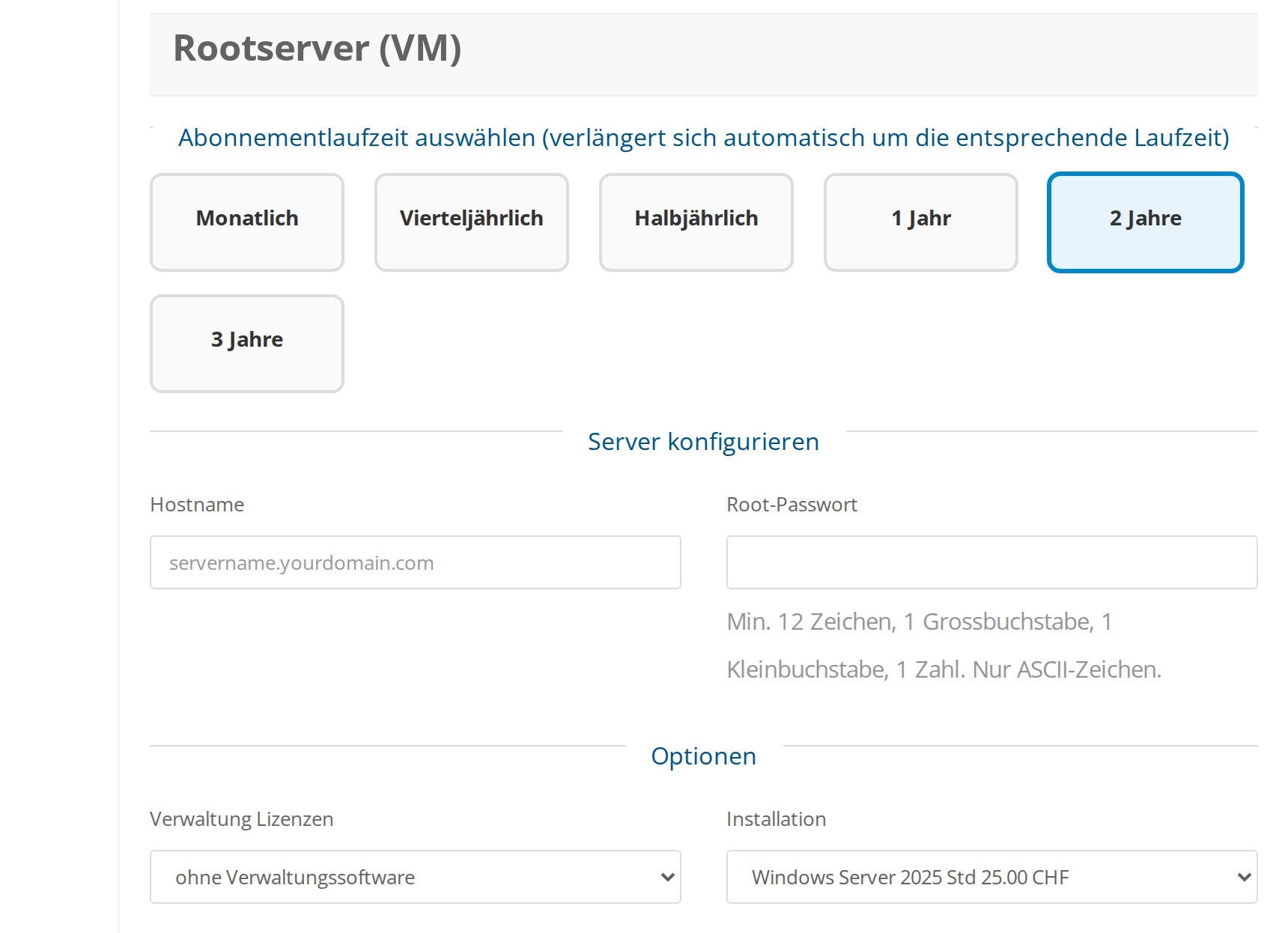 Formulaire de commande Rootserver VM avec Windows Server 2025 Std selectionne comme installation