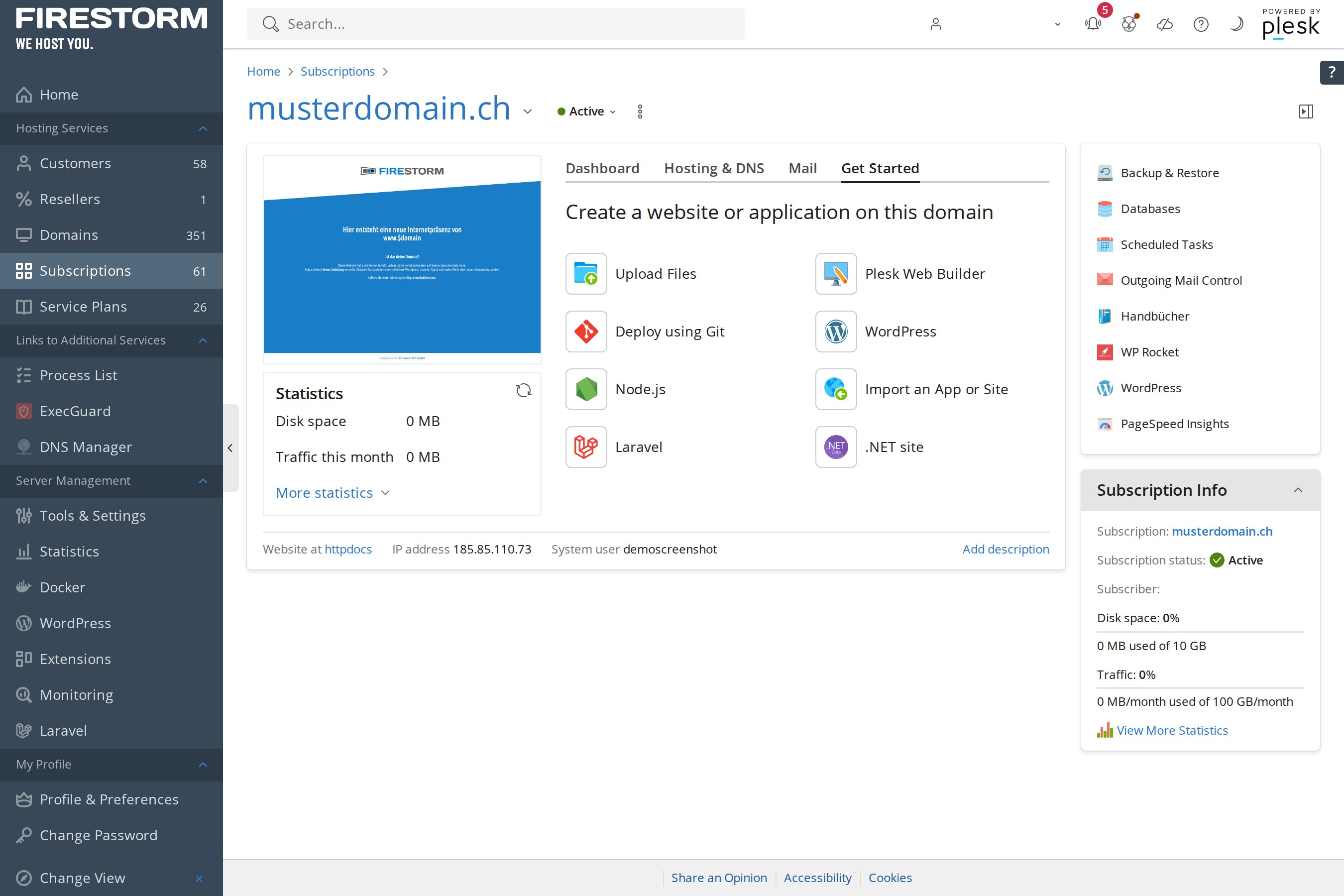 Espace client Plesk avec des outils comme le televersement de fichiers, WordPress, Node.js et site .NET