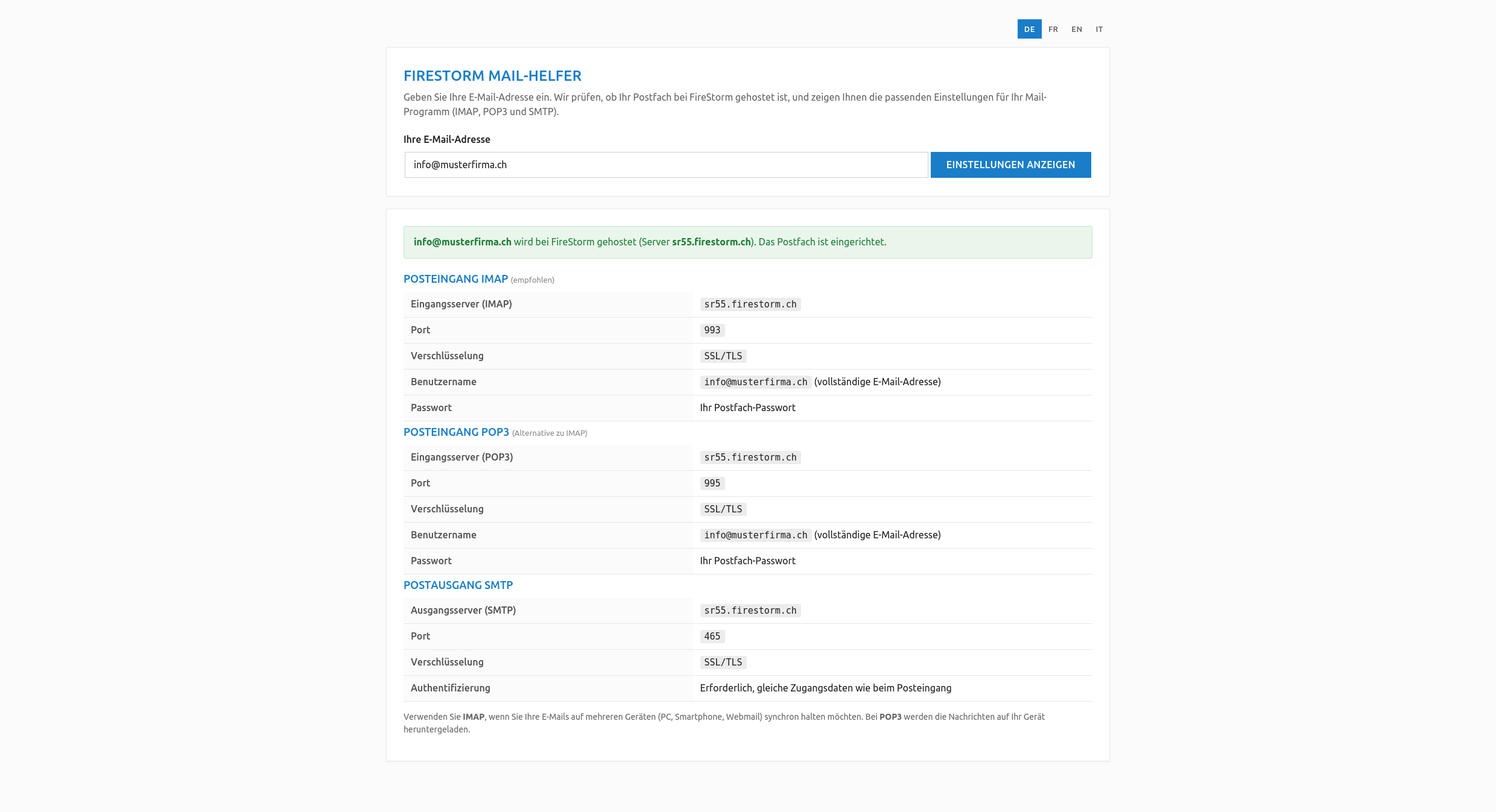 Der E-Mail-Assistent mit den gefundenen IMAP-, POP3- und SMTP-Einstellungen