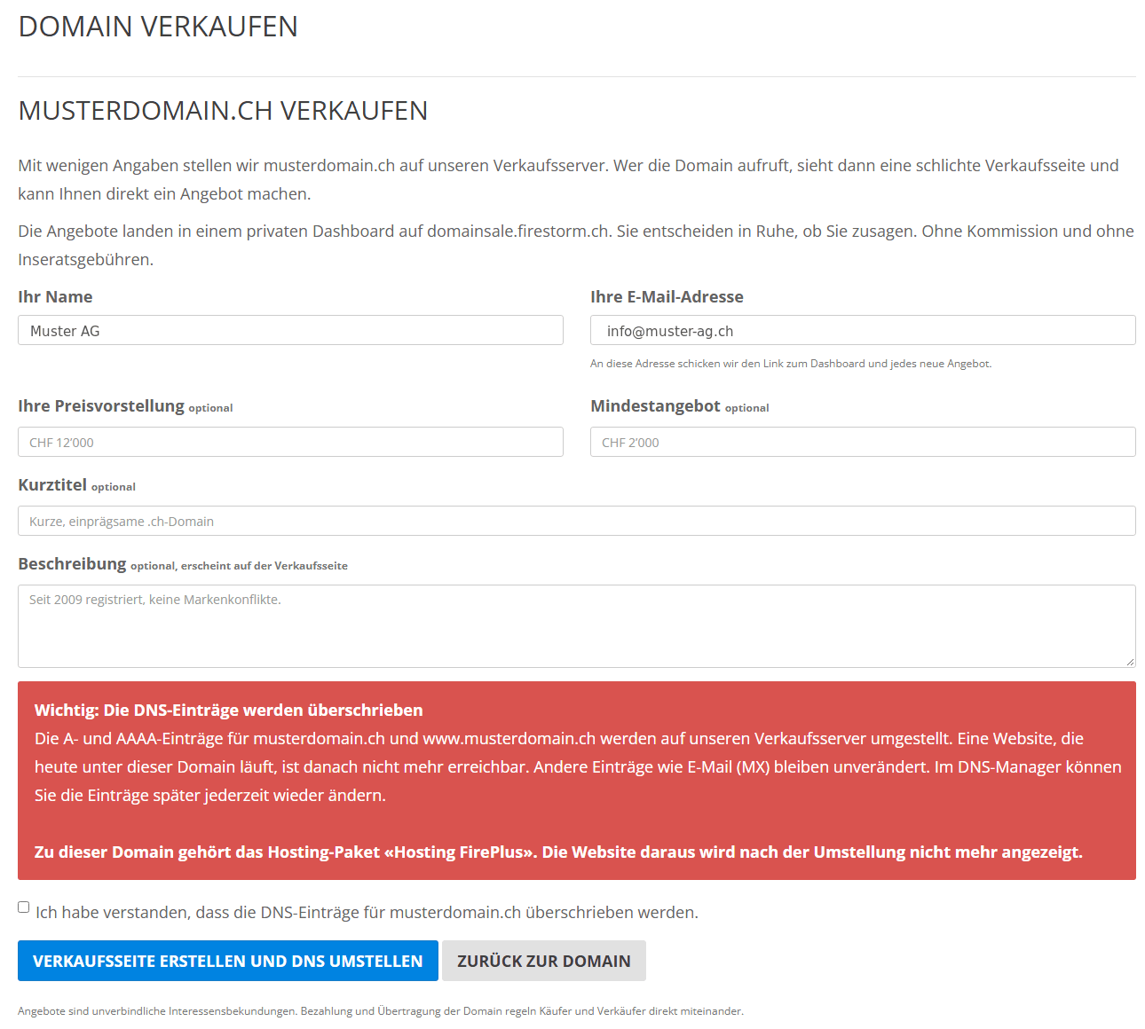 Formular Domain verkaufen mit DNS-Warnung