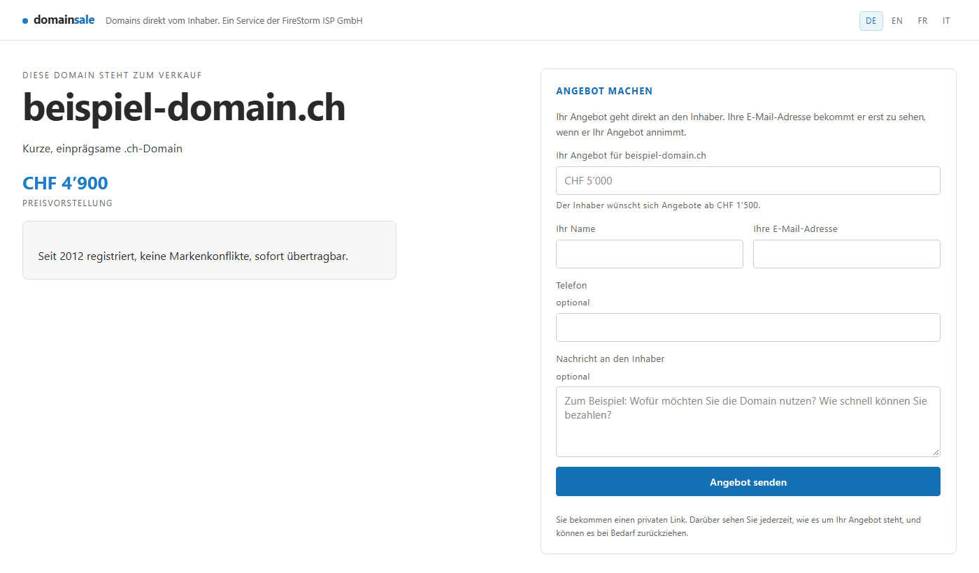 Verkaufsseite einer Domain auf domainsale.firestorm.ch