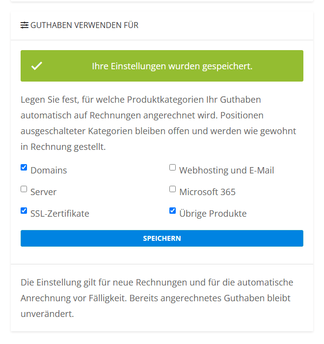 Panel Guthaben verwenden für mit gespeicherten Einstellungen