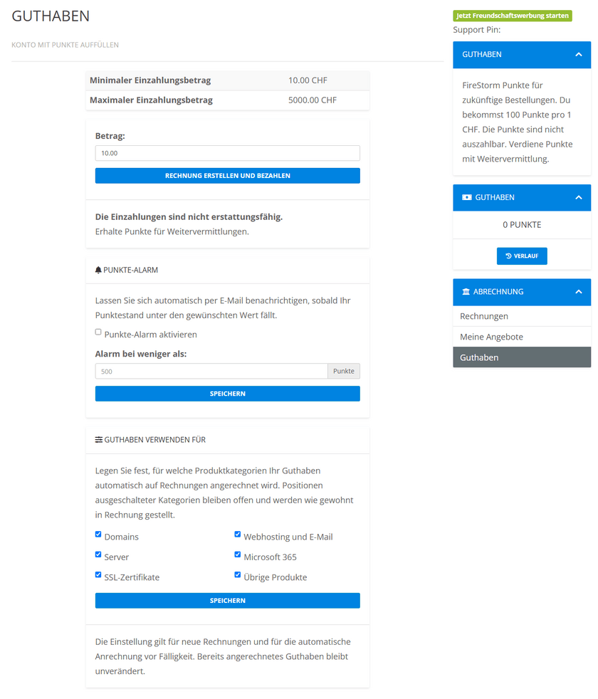 Guthaben-Seite im Kundenportal mit dem neuen Panel Guthaben verwenden für
