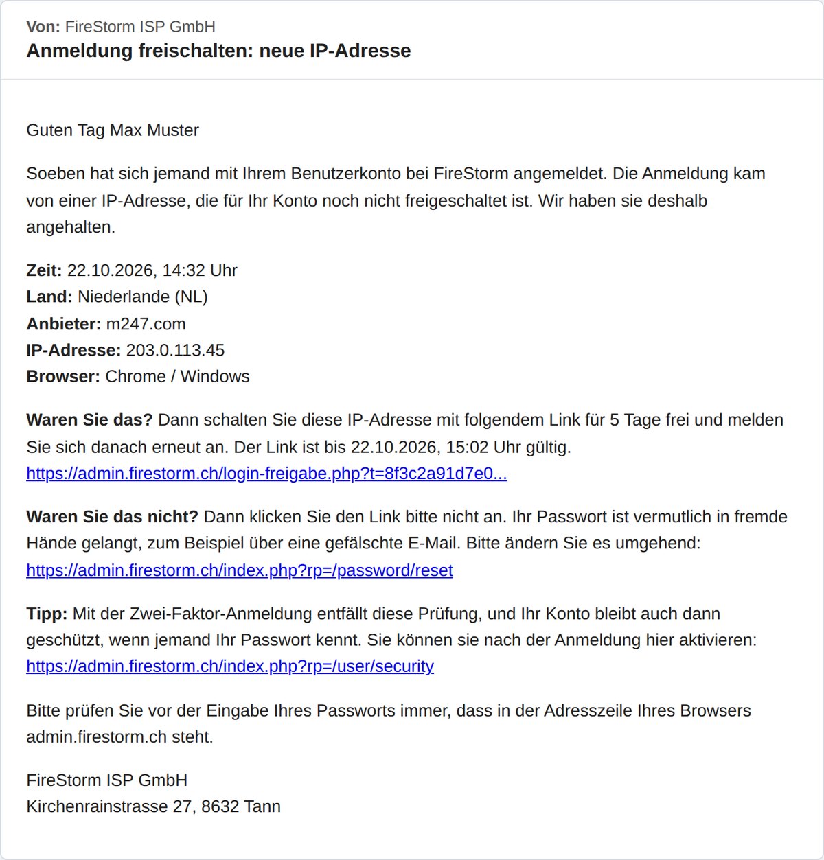 E-Mail Anmeldung freischalten mit Zeit, Land, Anbieter und Freigabelink