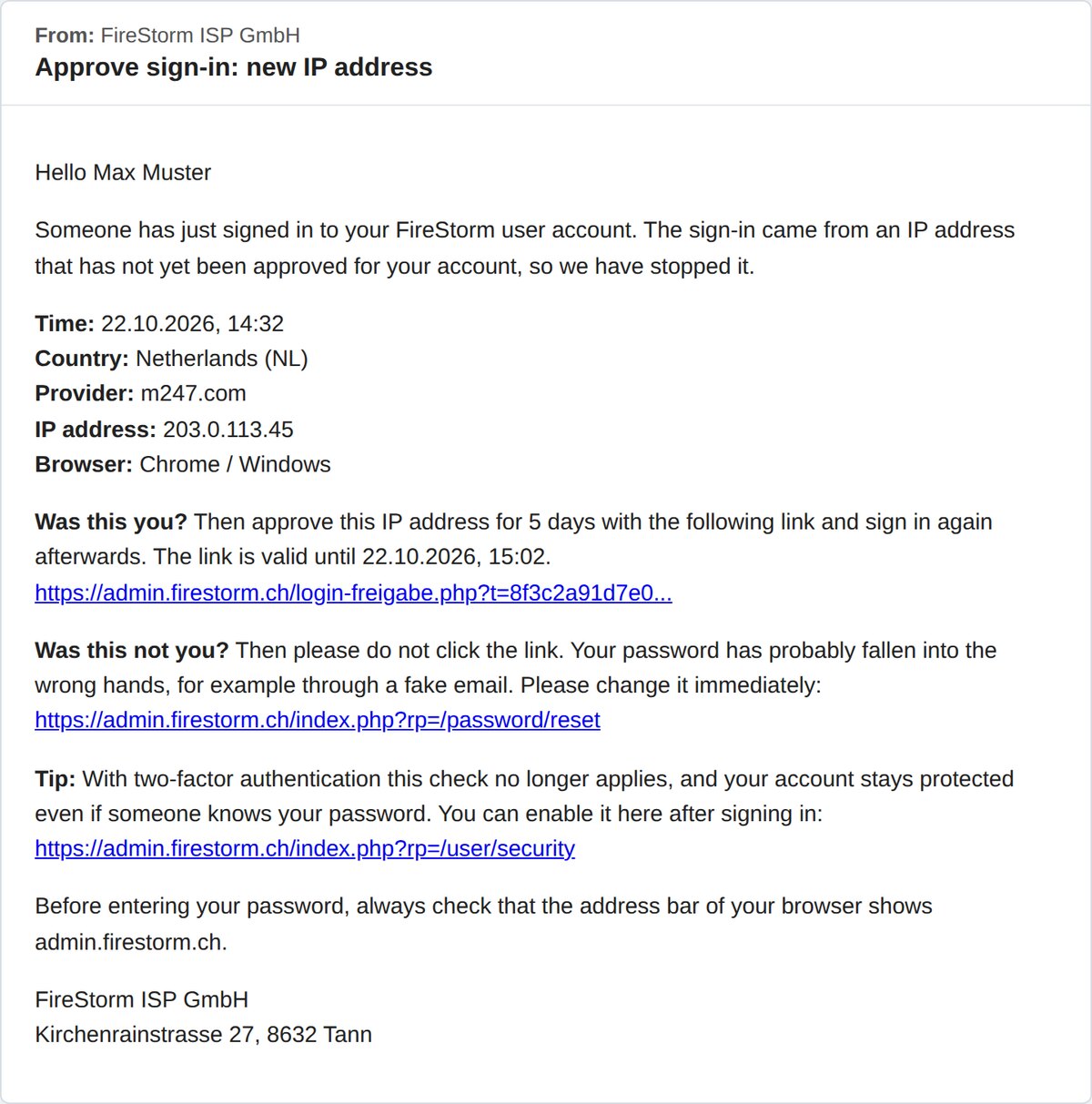 Email Approve sign-in with time, country, provider and approval link