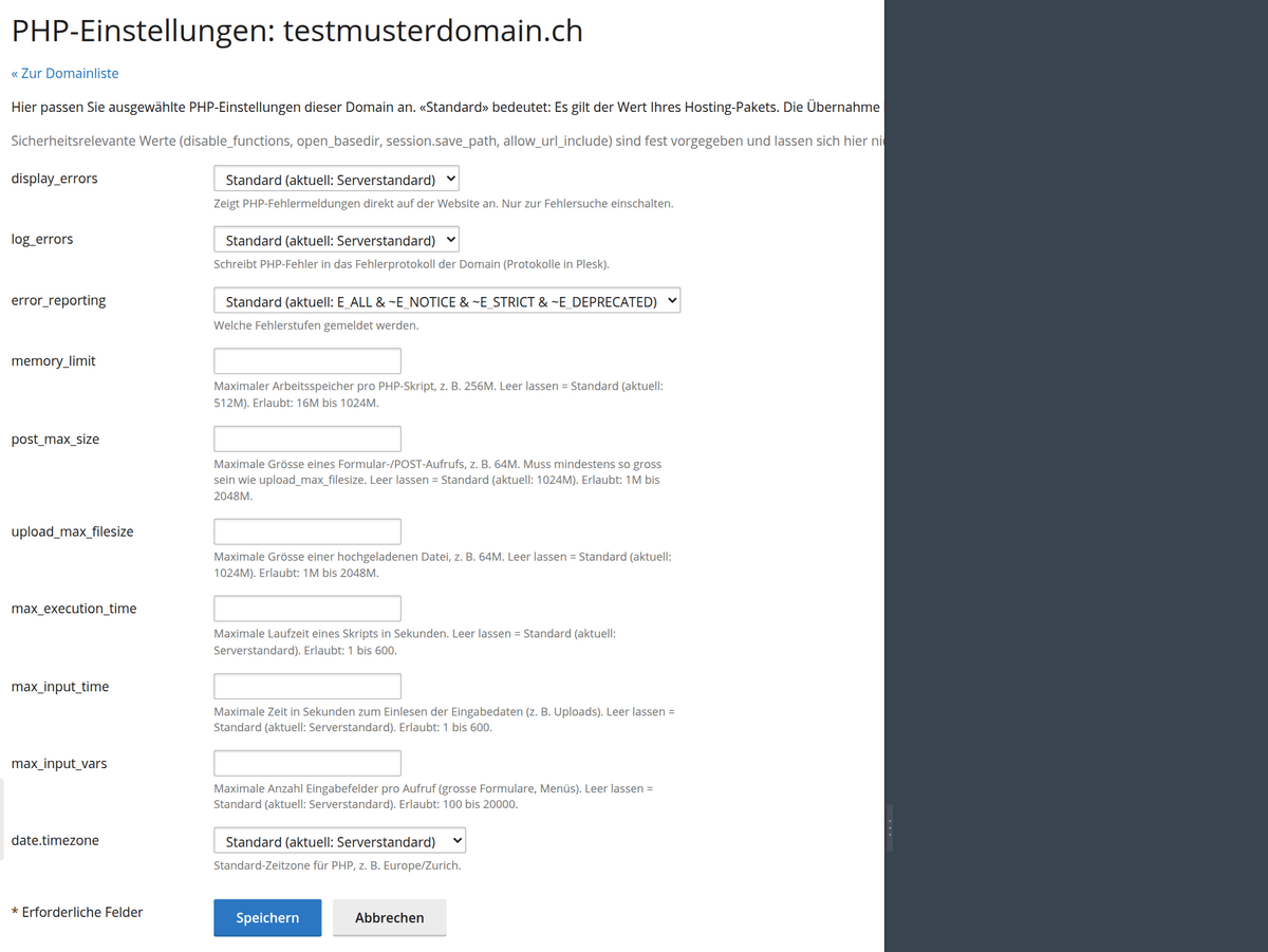 Formular PHP-Einstellungen in der Hosting-Verwaltung